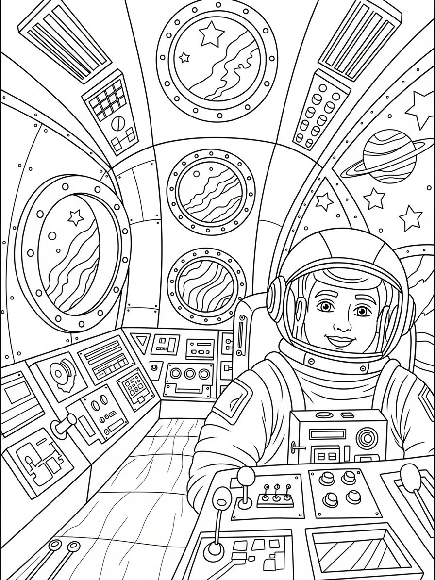 Desenho de Foguete com astronauta e painel de controle para colorir