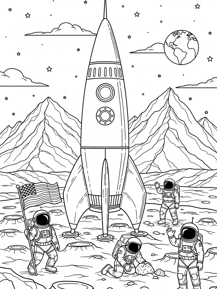 Desenho de Foguete com astronautas e paisagem lunar para colorir