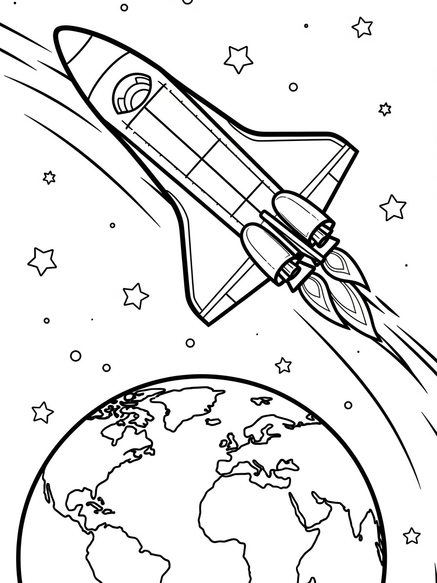 Desenho de Foguete voando sobre a Terra para colorir