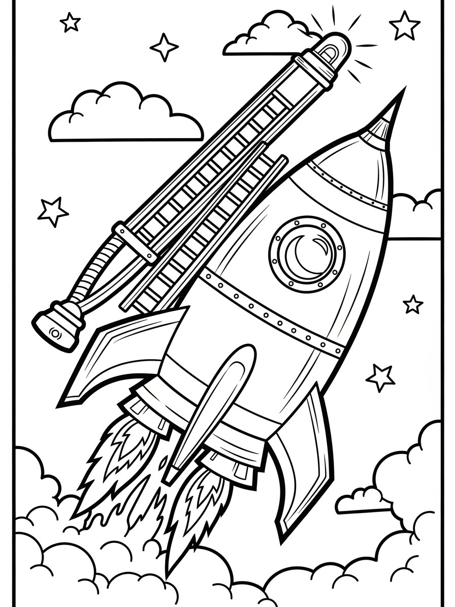 Desenho de Foguete estilizado com nuvens e estrelas para colorir