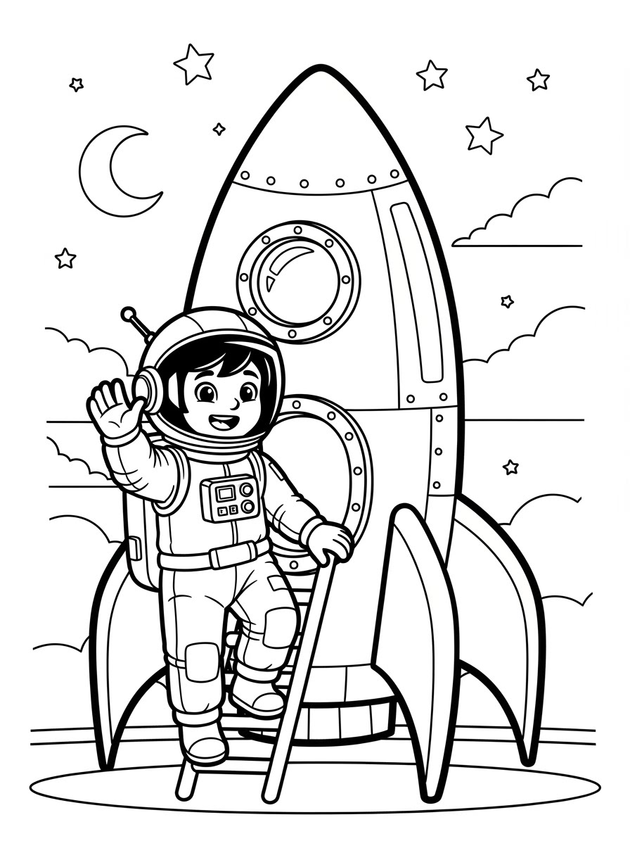Desenho de Foguete com astronauta alegre para colorir