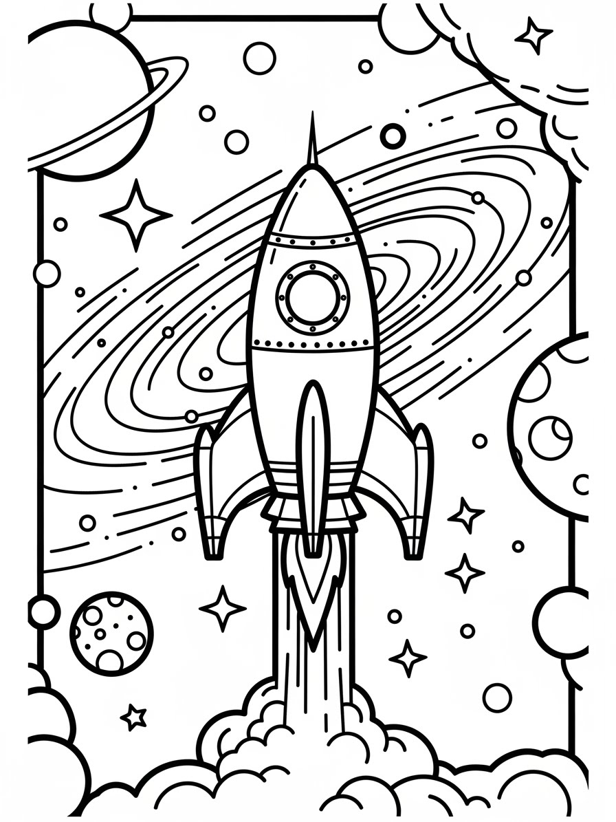 Desenho de Foguete no espaço para colorir