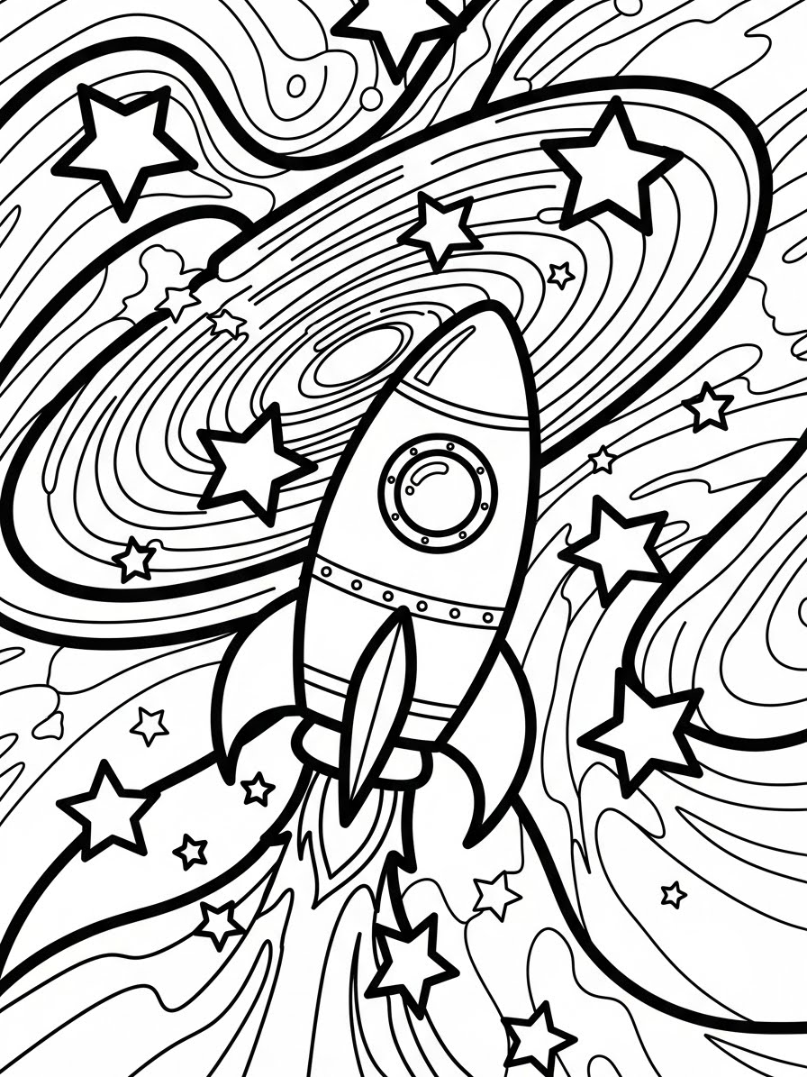Desenho de Foguete no espaço com estrelas para colorir