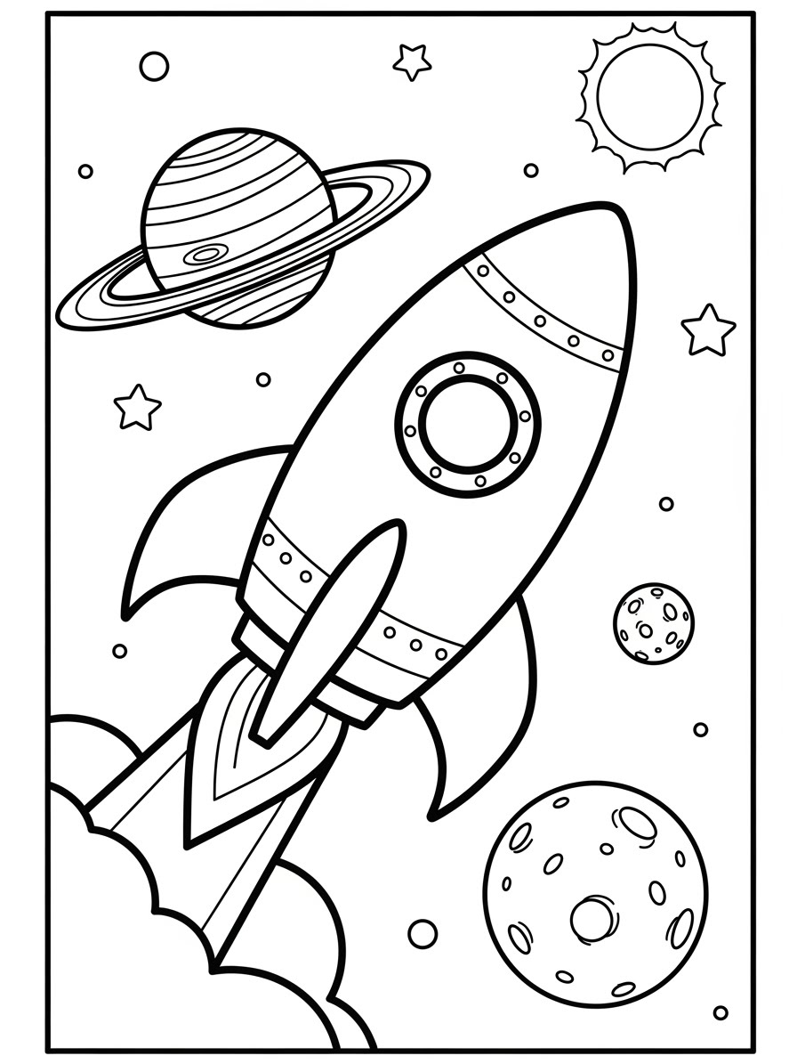 Desenho de Foguete simples com planetas e estrelas para colorir