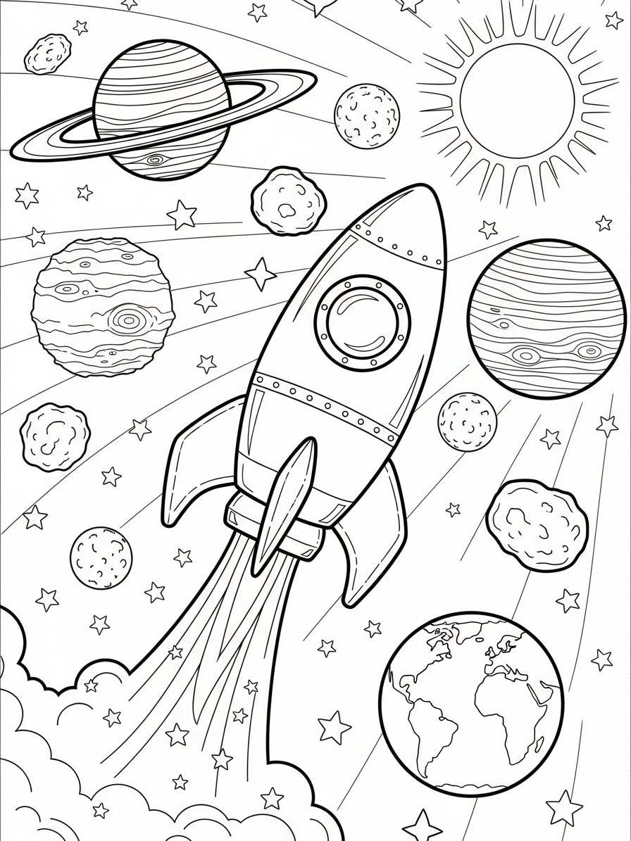 Desenho de Foguete com planetas e estrelas para colorir