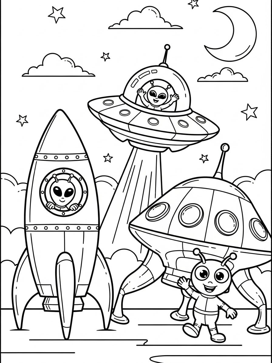 Desenho de Foguete com alienígenas para colorir