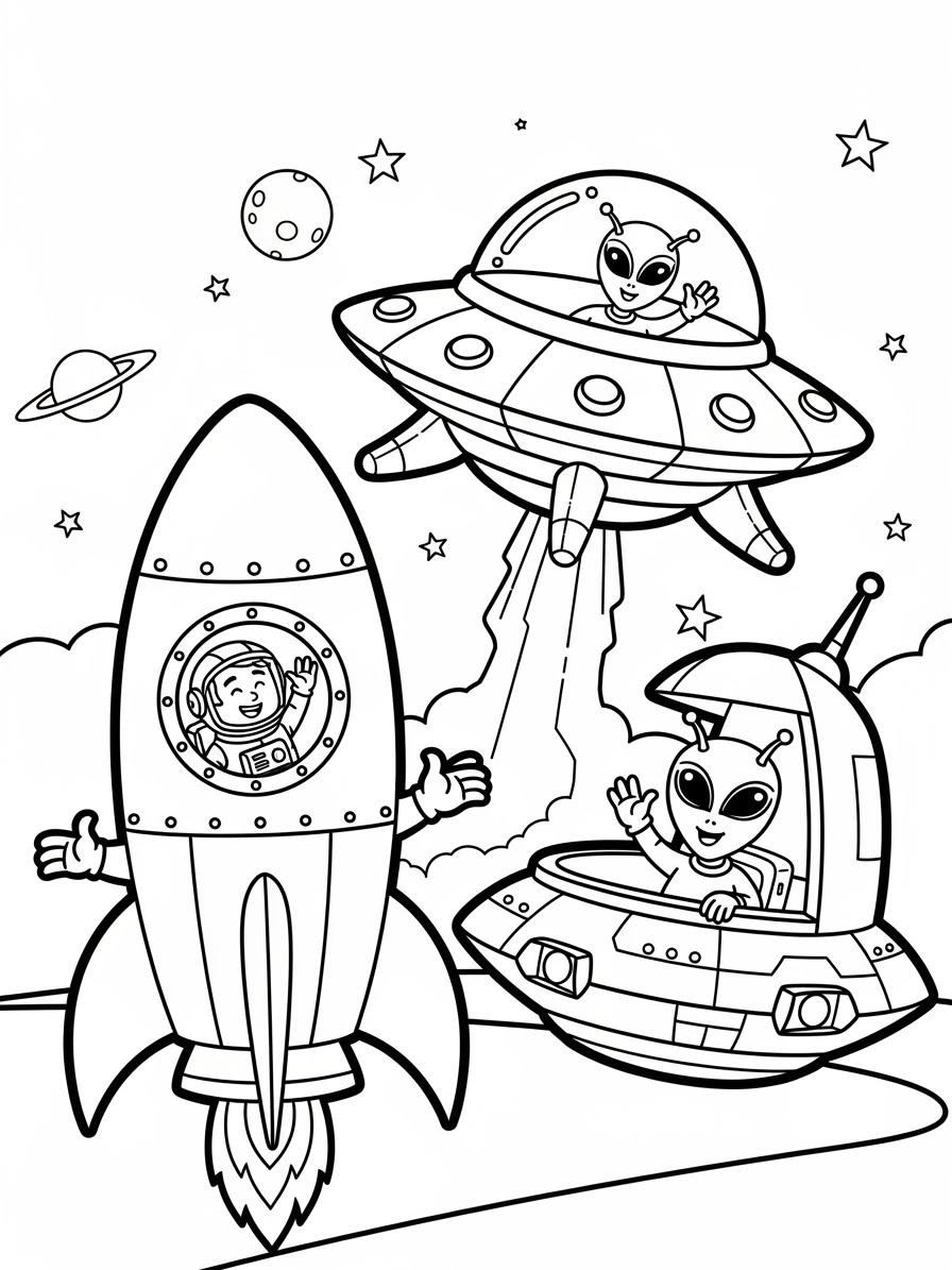 Desenho de Foguete e naves alienígenas para colorir