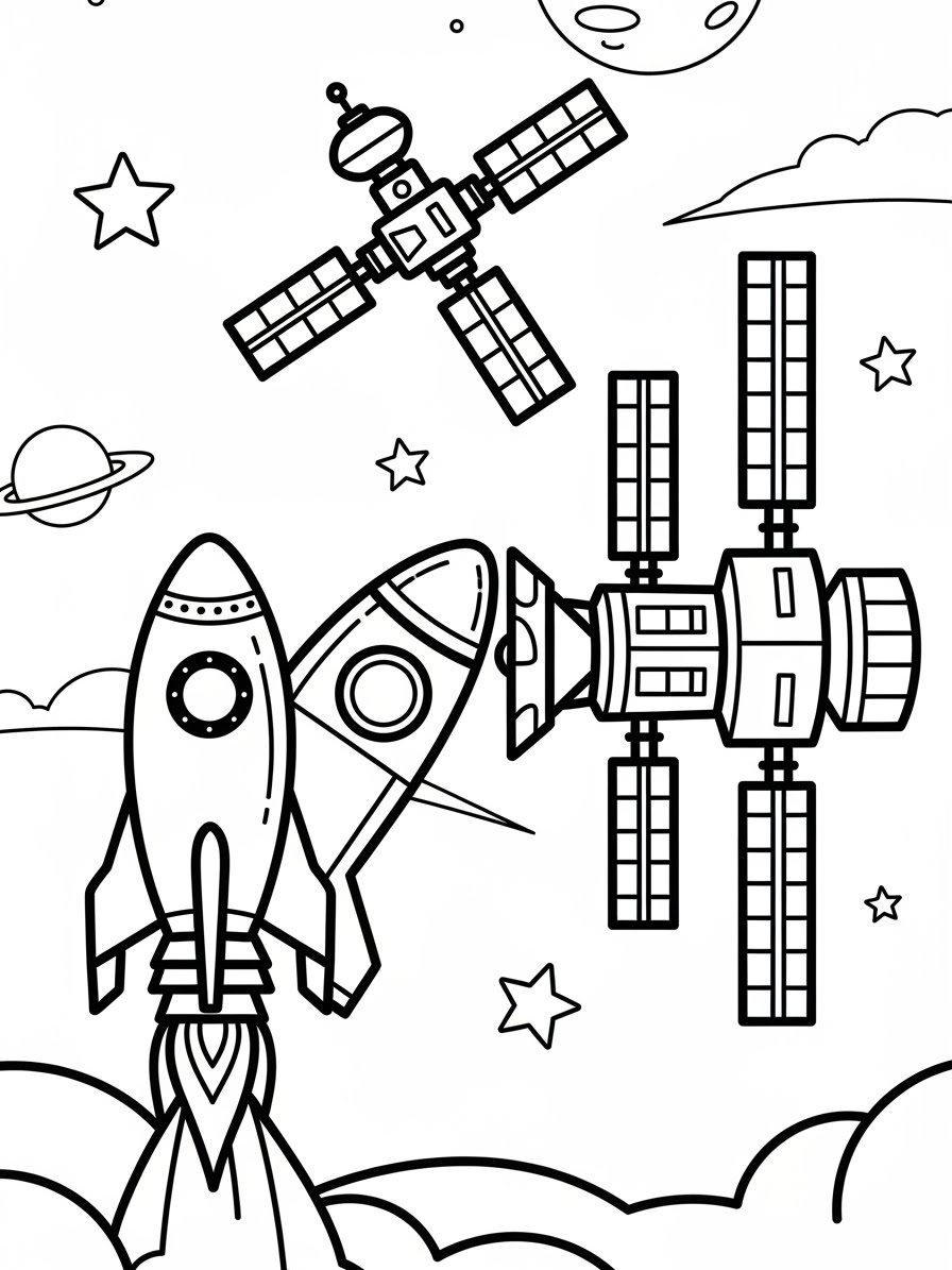 Desenho de Foguete com satélites para colorir