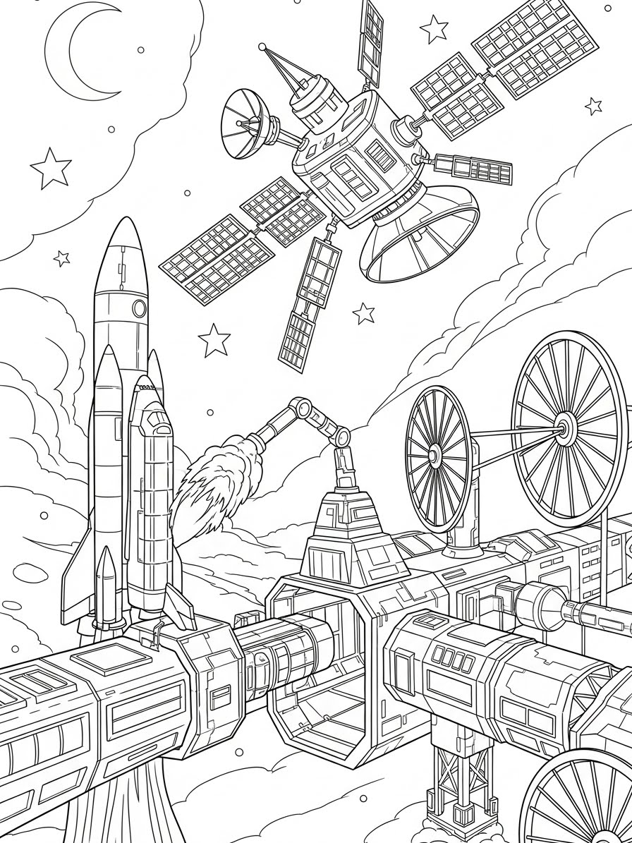 Desenho de Foguete e espaçonave para colorir