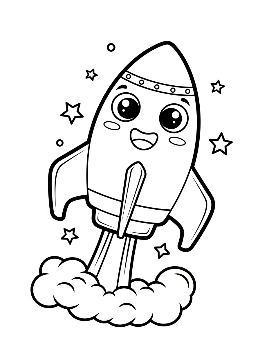 Desenho de Foguete Fofo com estrelas para colorir