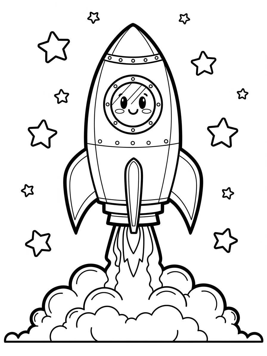 Desenho de Foguete com estrelas e foguetes para colorir