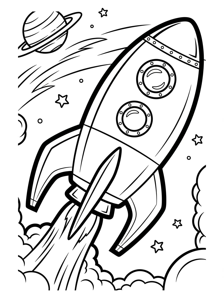 Desenho de Foguete simples com estrelas e planetas para colorir