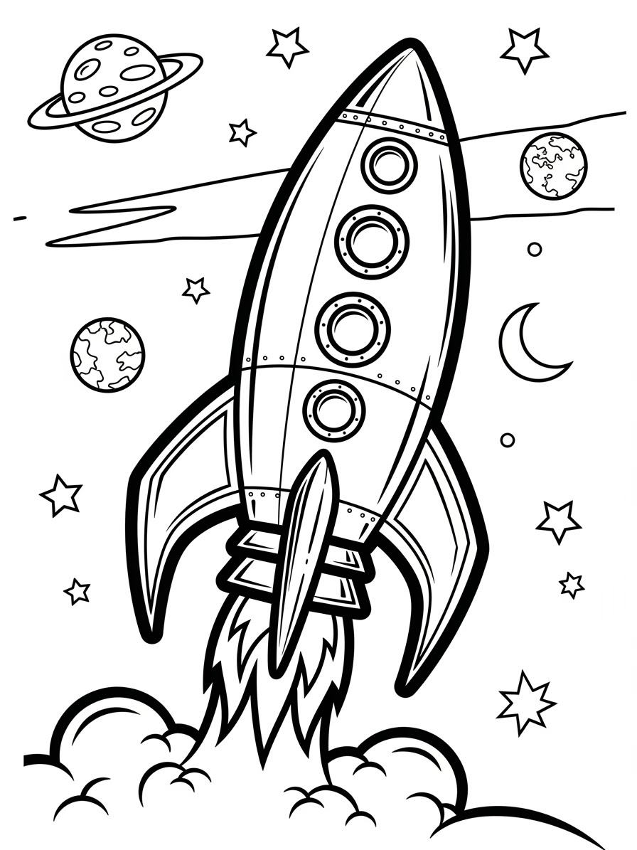 Desenho de Foguete simples com planetas para colorir
