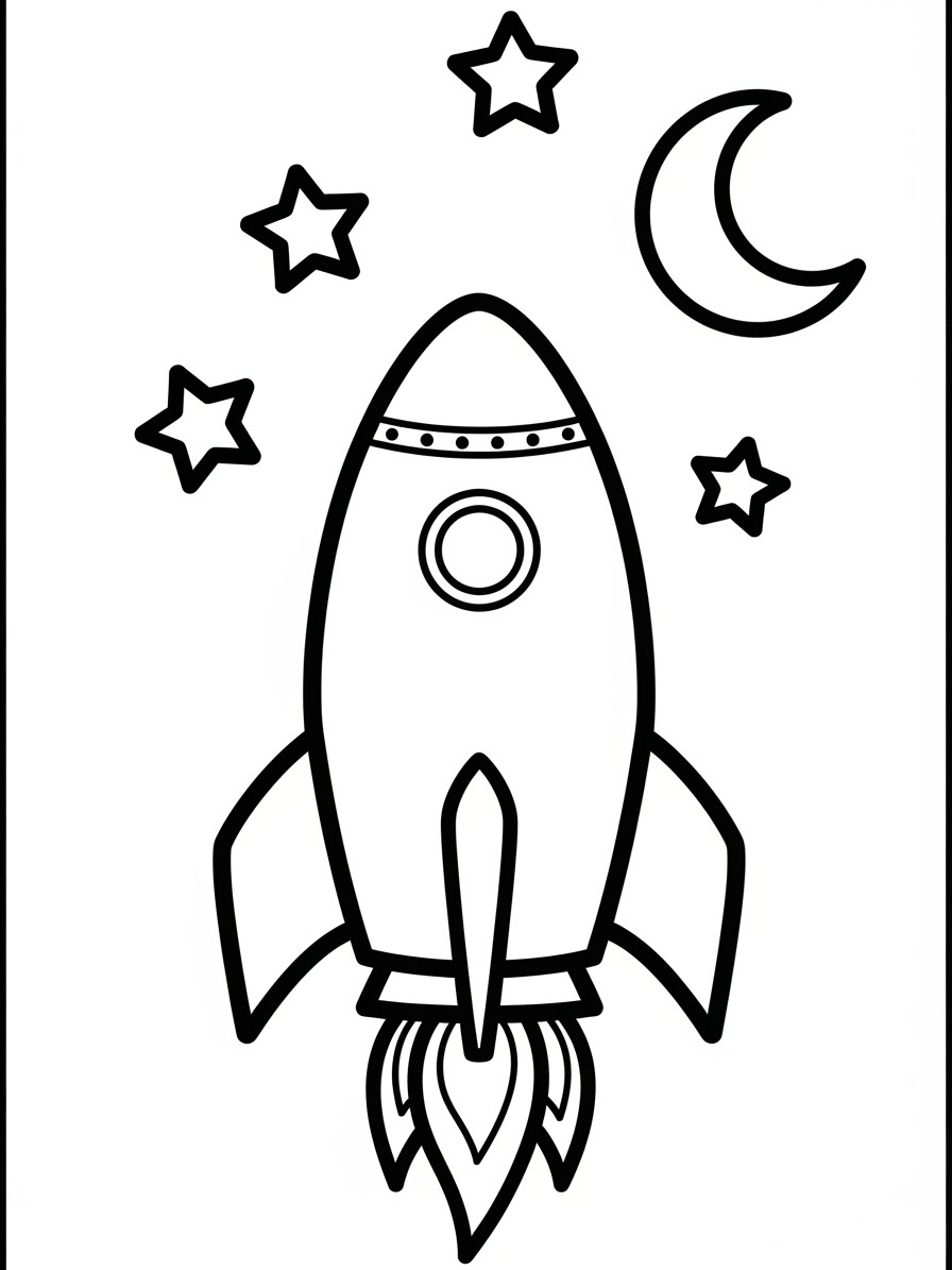 Desenho de Foguete com estrelas e lua para colorir