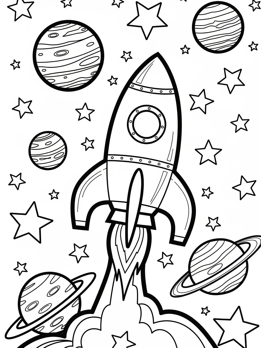 Desenho de Foguete com planetas e estrelas para colorir
