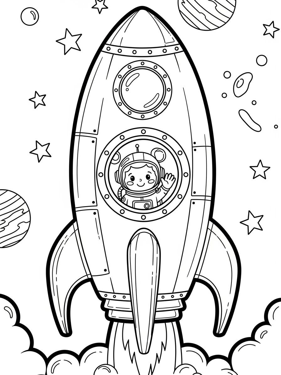 Desenho de Foguete com astronauta acenando para colorir