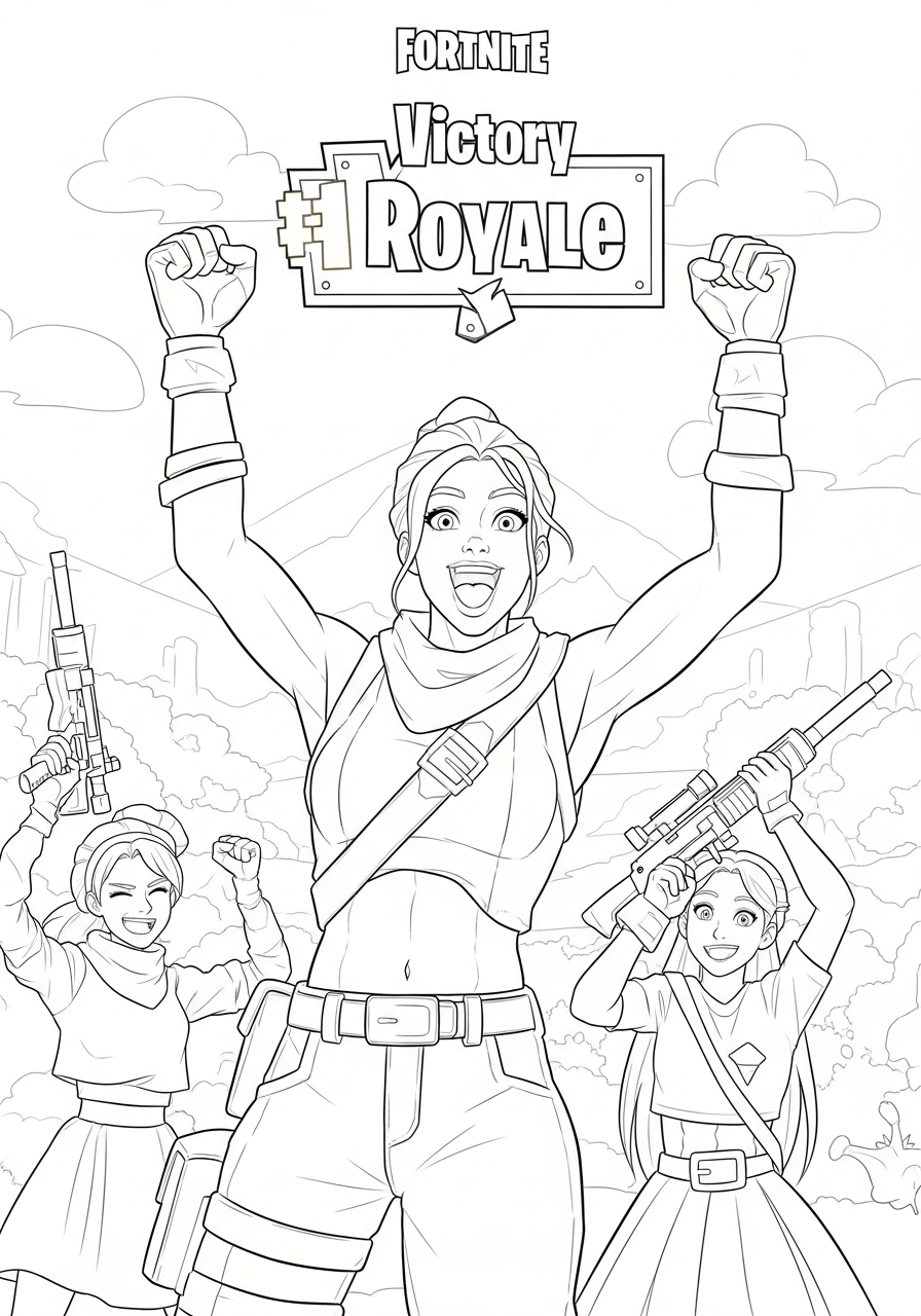 Desenho Fortnite de Personagens comemorando Victory Royale para colorir