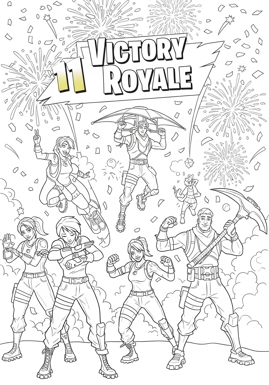 Desenho Fortnite de Personagens Celebrando Vitória Royale para colorir