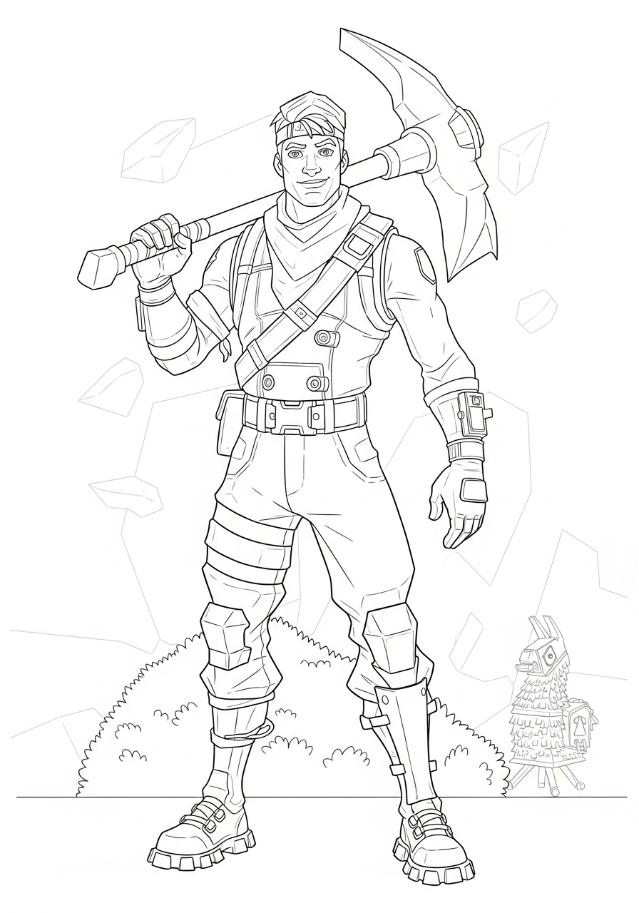 Desenho Fortnite com personagem e picareta para imprimir e colorir