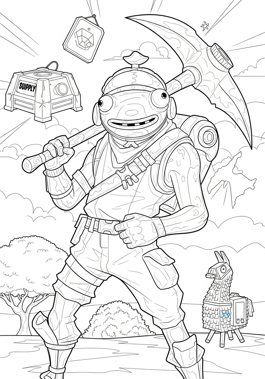 Desenho Fortnite de Personagem segurando picareta para colorir