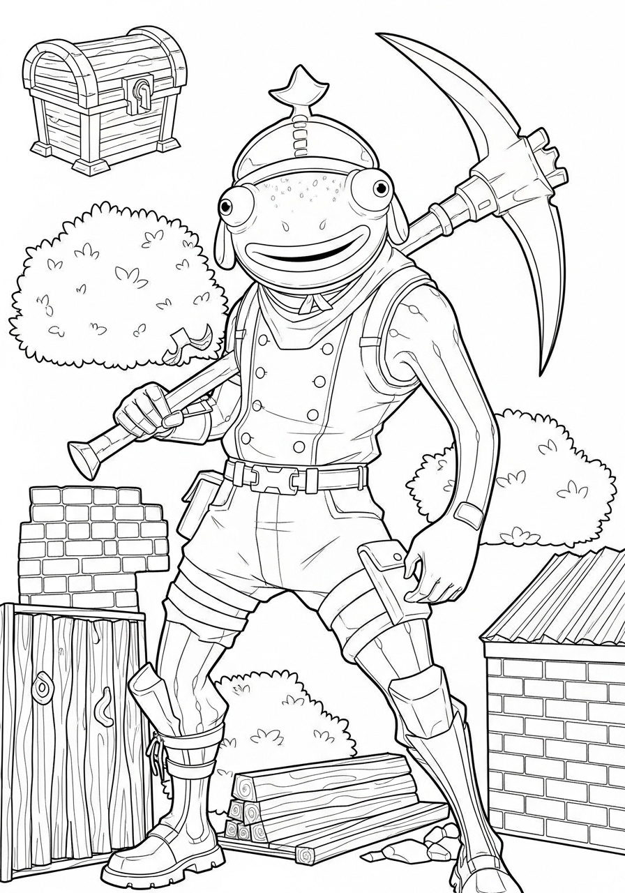 Desenho Fortnite de personagem com picareta e baú para colorir