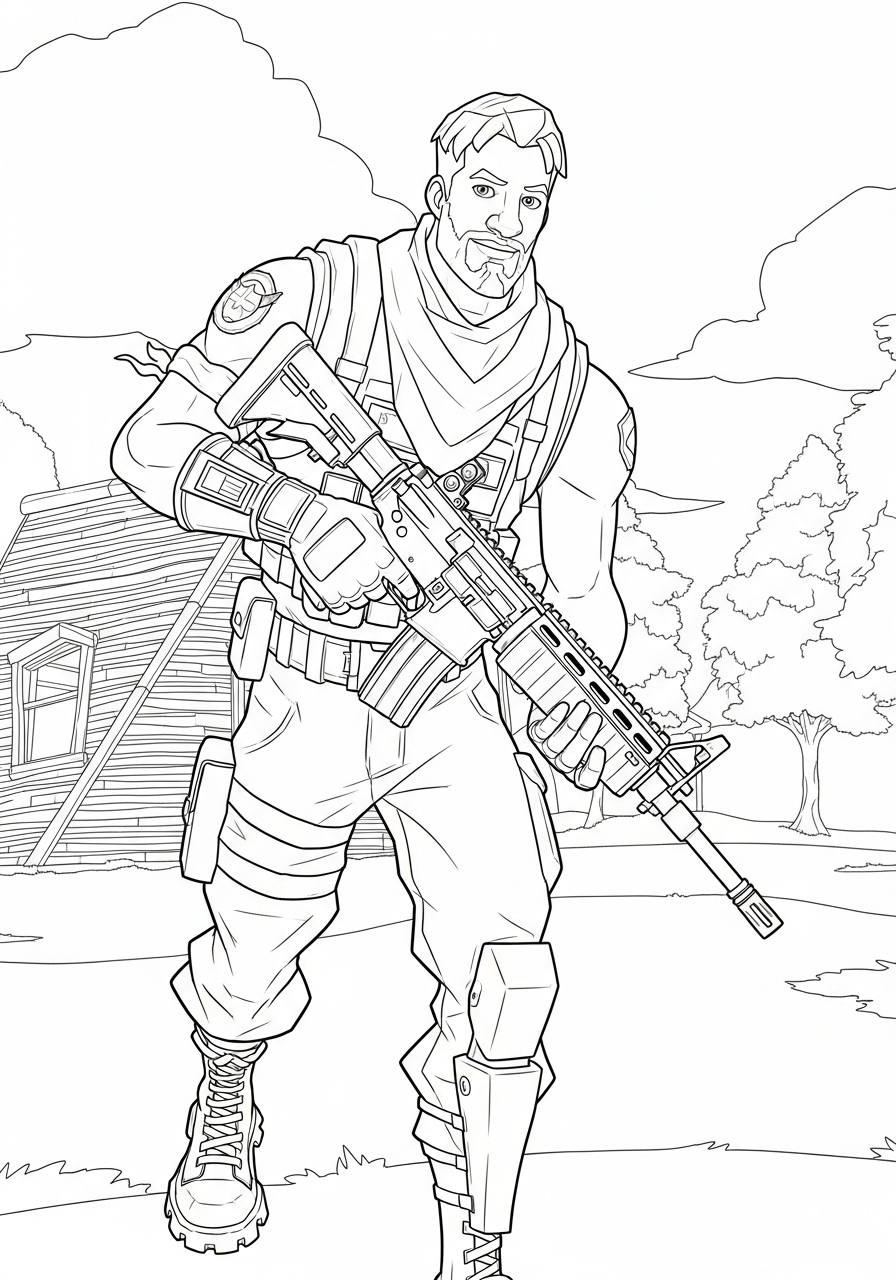 Desenho Fortnite de Personagem com Rifle para imprimir e colorir
