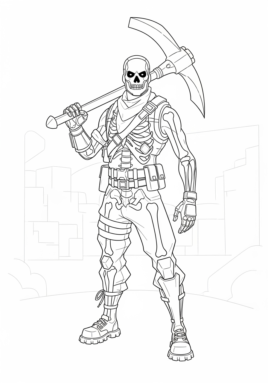 Desenho Fortnite personagem esqueleto com picareta para colorir
