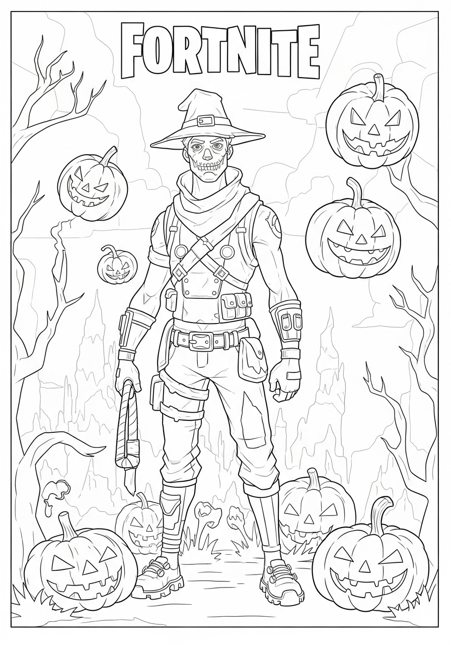 Desenho Fortnite de personagem com abóboras para imprimir e colorir