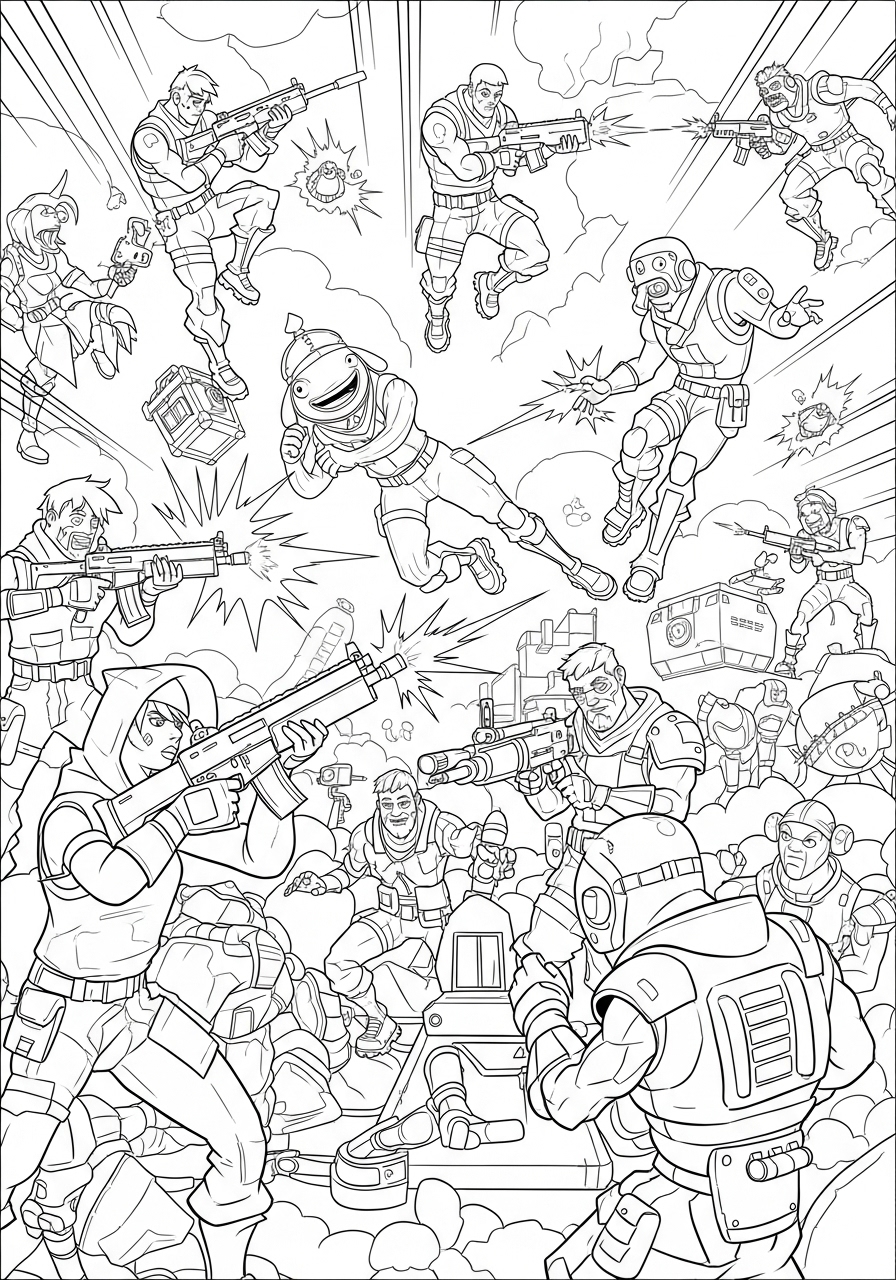 Desenho Fortnite com Vários Personagens em Ação para colorir