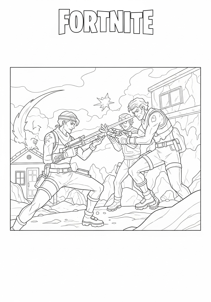 Desenho Fortnite com personagens em batalha para imprimir e colorir