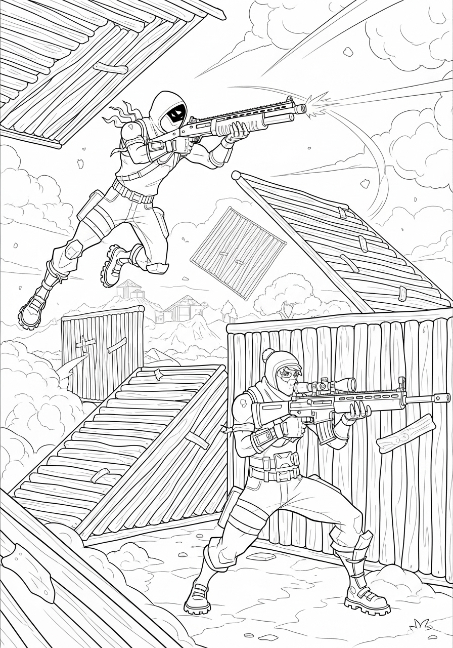 Desenho Fortnite de personagens em combate para imprimir e colorir