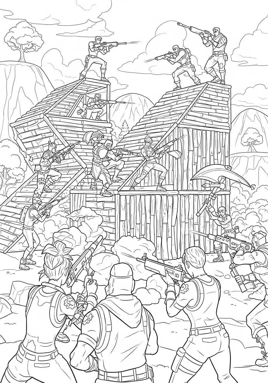 Desenho Fortnite com batalha de personagens para imprimir e colorir