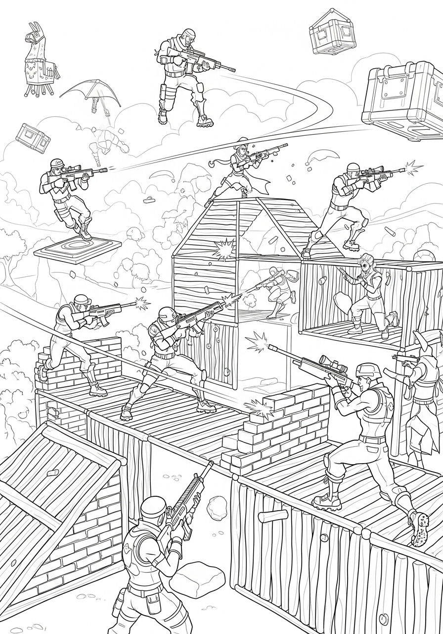 Desenho Fortnite de Personagens em Batalha para imprimir e colorir