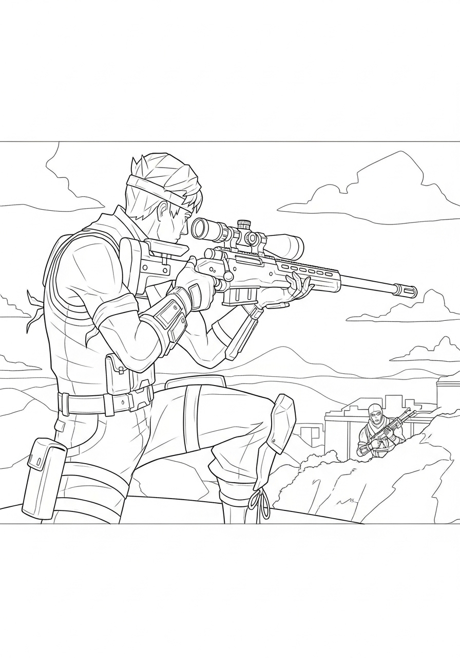 Desenho Fortnite de personagem com sniper para imprimir e colorir