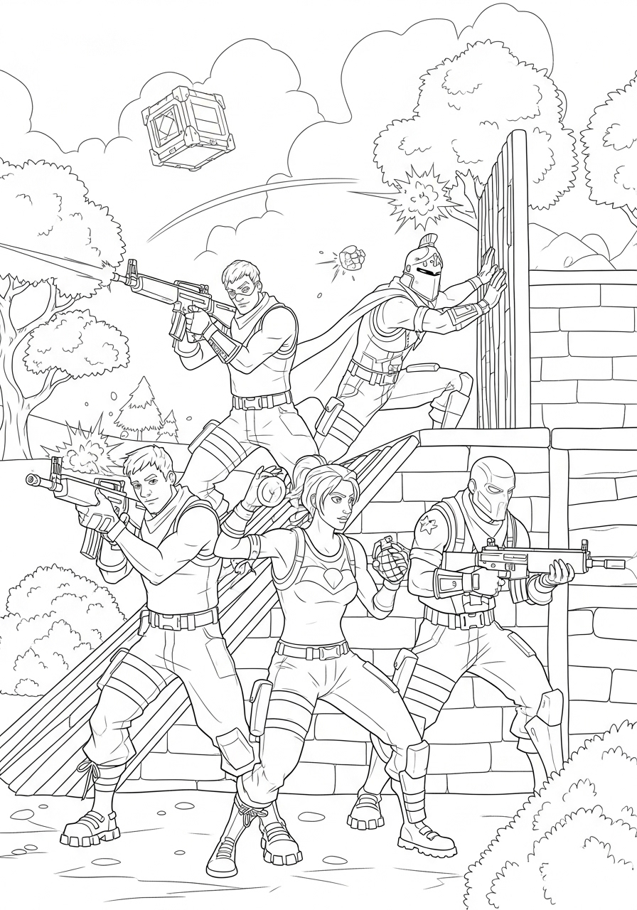Desenho Fortnite de Vários Personagens em Ação para colorir