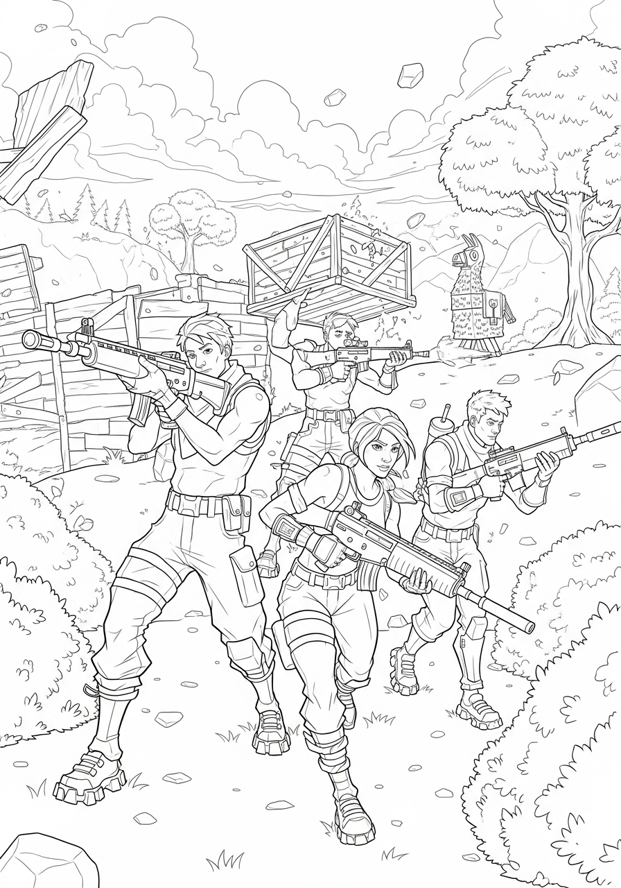 Desenho Fortnite de Personagens em Ação para imprimir e colorir