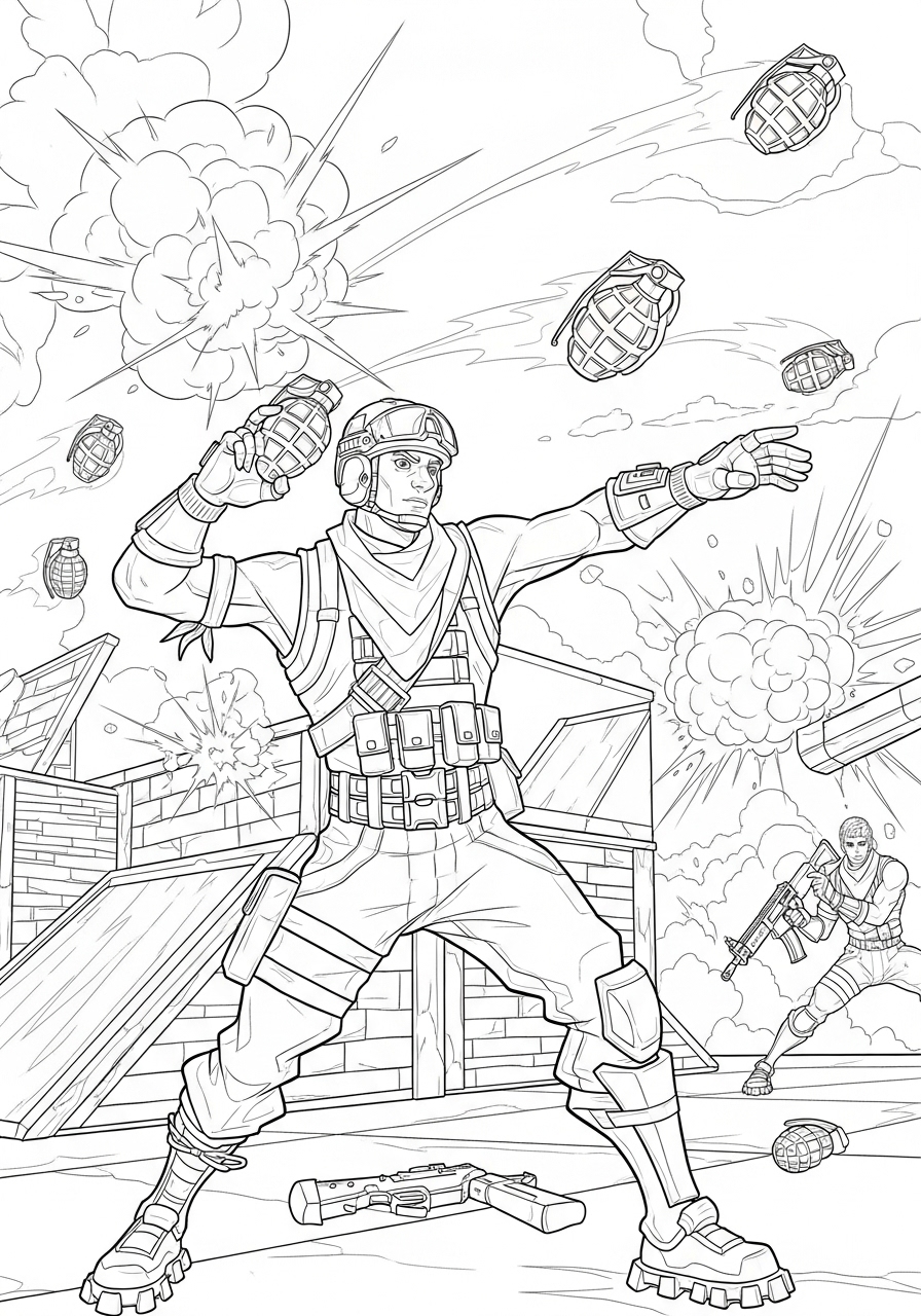 Desenho Fortnite de Guerreiro com Granadas para imprimir e colorir
