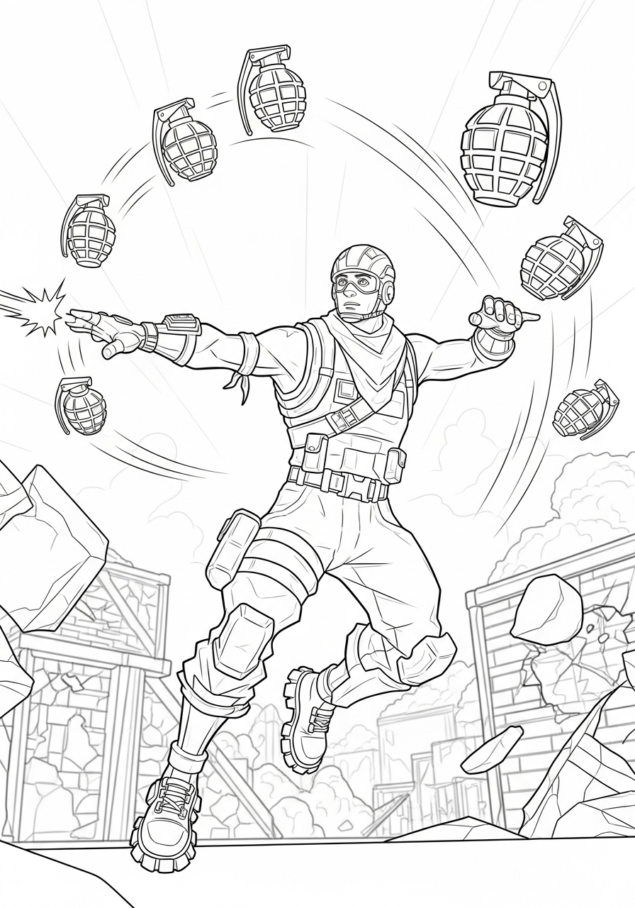 Desenho Fortnite de personagem lançando granadas para colorir