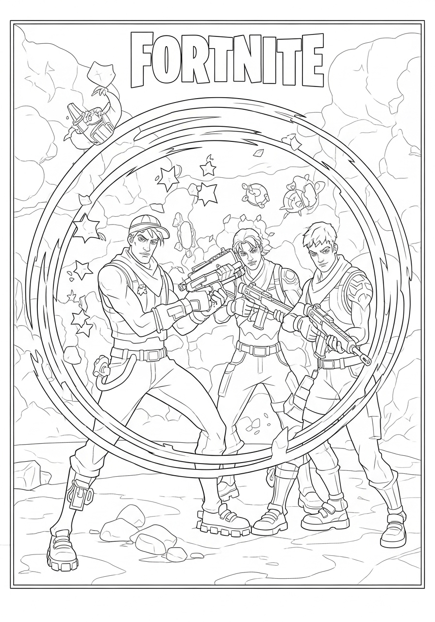 Desenho Fortnite com três personagens prontos para imprimir e colorir