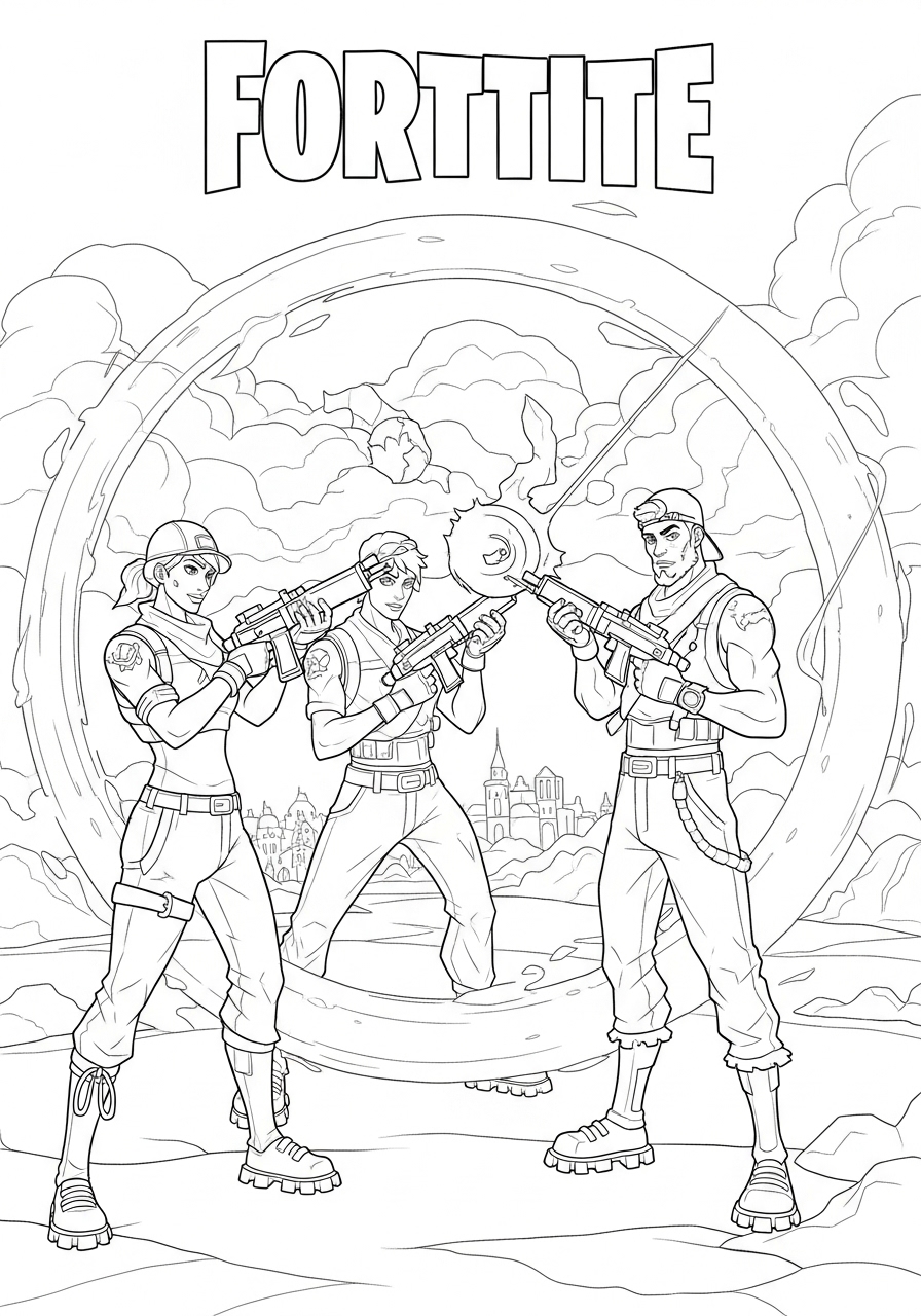 Desenho Fortnite de Três Personagens com Armas para colorir