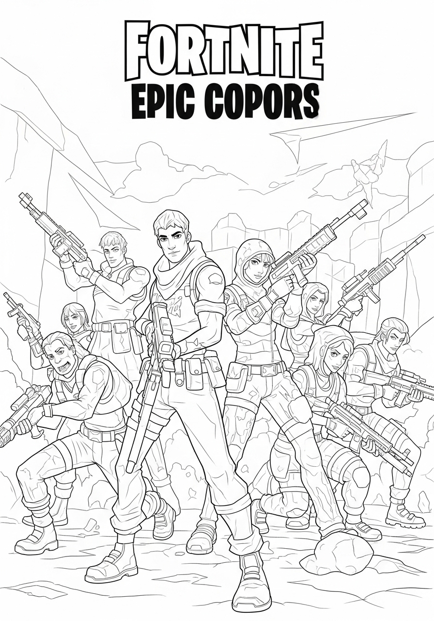 Desenho Fortnite de personagens segurando armas para colorir