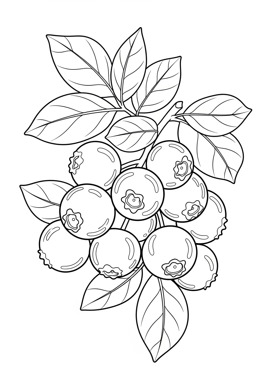 Desenho da Fruta Mirtilo com folhas para colorir