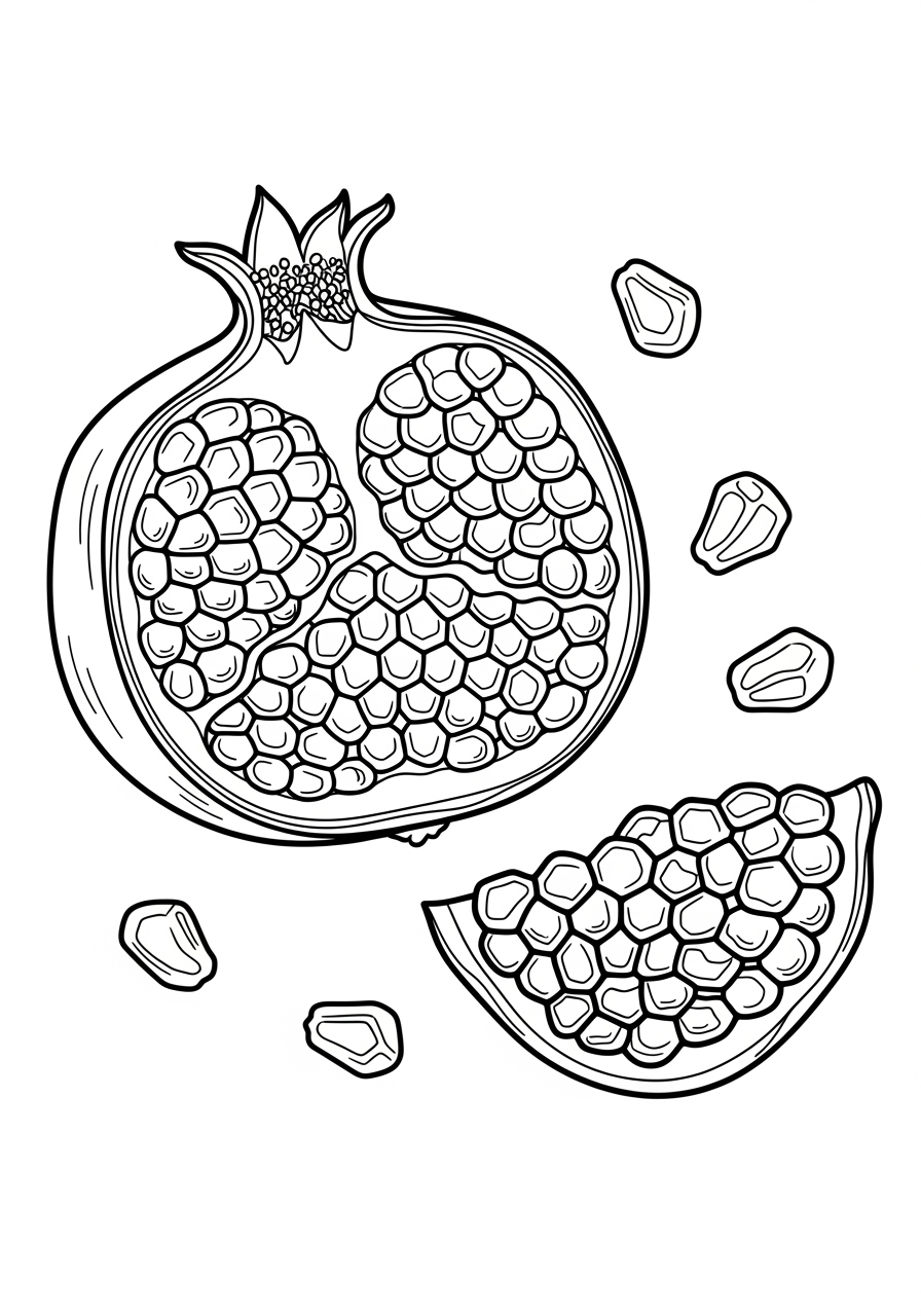Desenho da Fruta Romã cortada e grãos para colorir