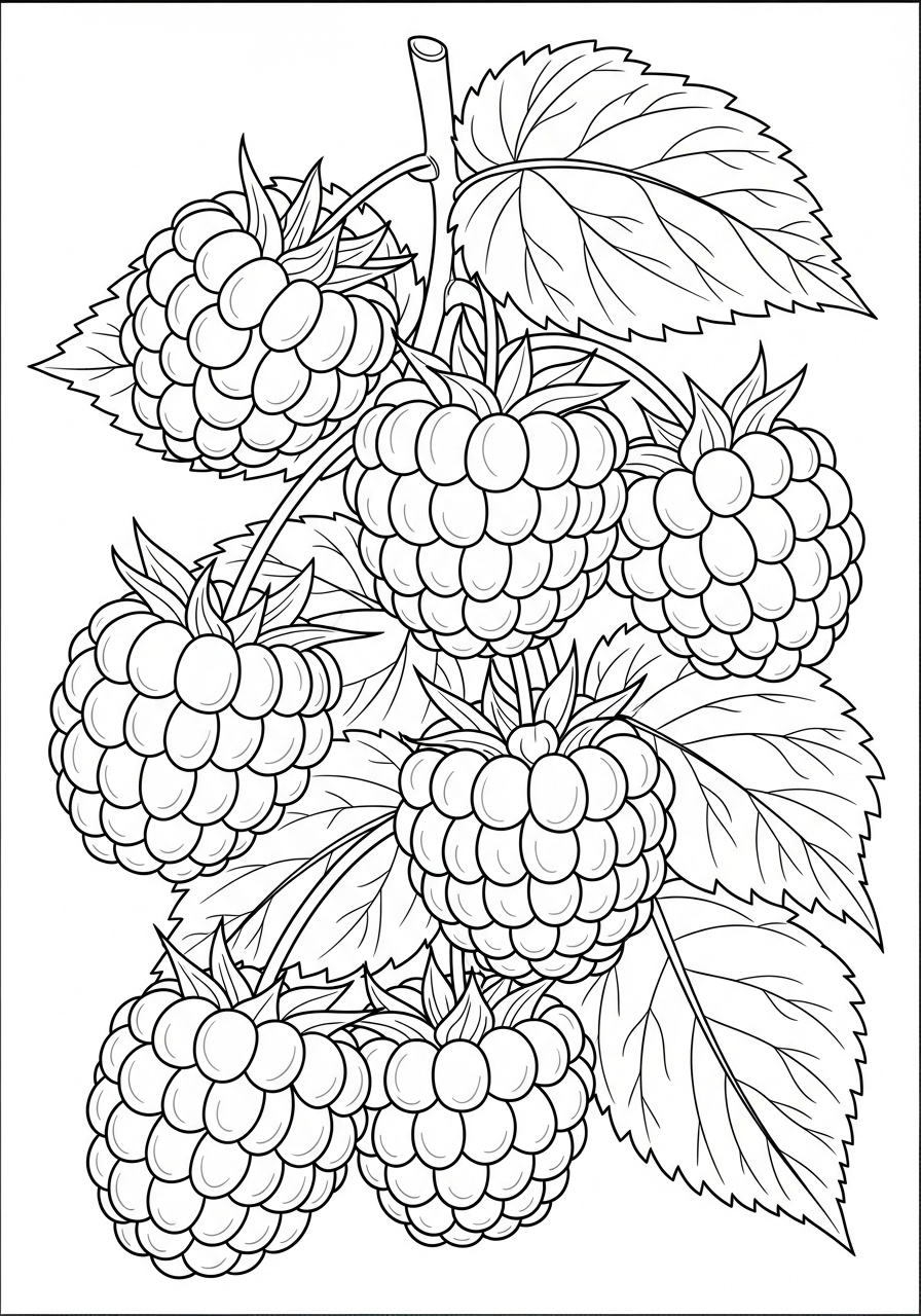 Desenho da Fruta Framboesa em galho para colorir