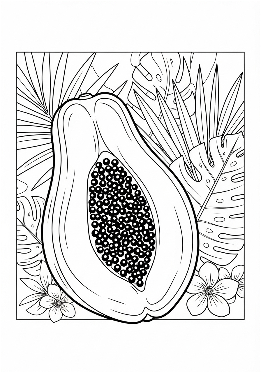 Desenho da Fruta Papaya cortada com folhas e flores para colorir