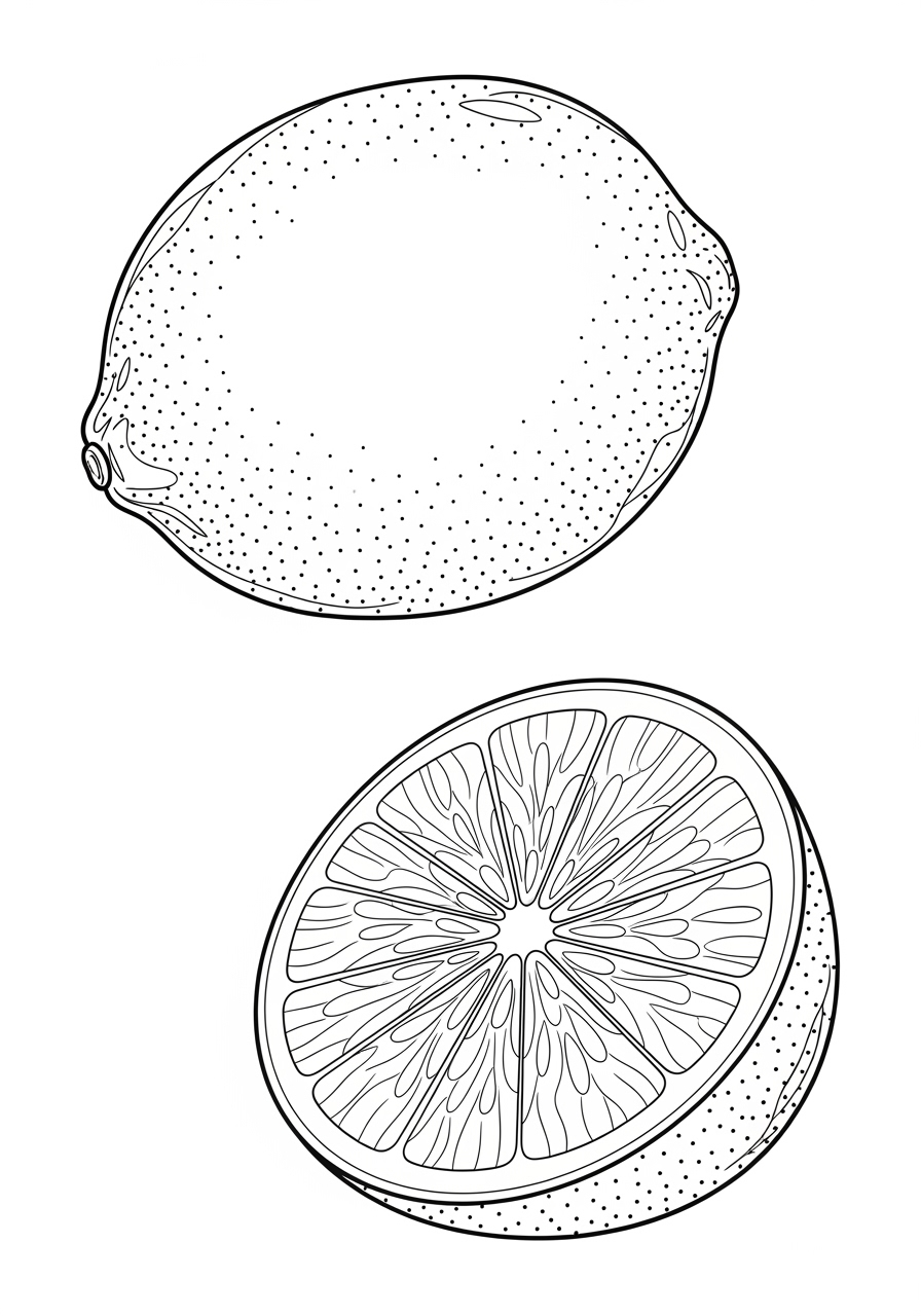 Desenho da Fruta Limão inteiro e cortado para colorir