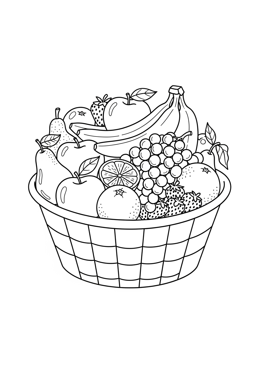 Desenho de cesta com várias frutas para colorir