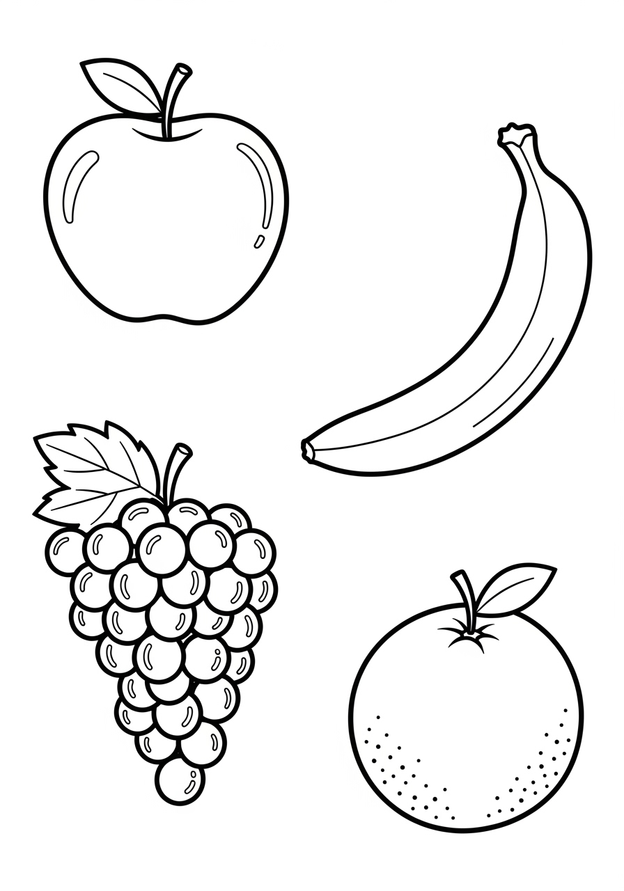 Desenho da Fruta Maçã Banana Uva e Laranja para colorir
