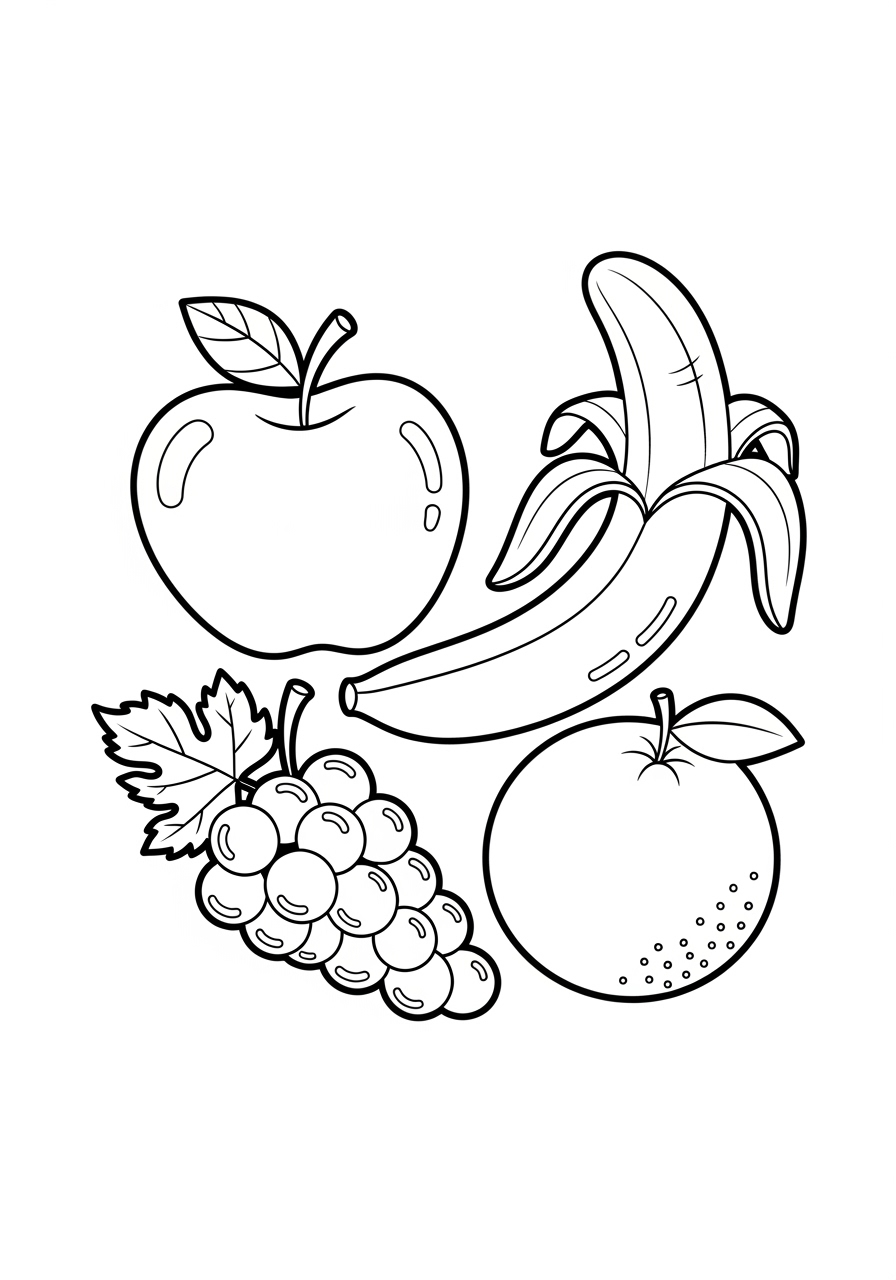 Desenho da Fruta Maçã Banana Uva e Laranja para colorir