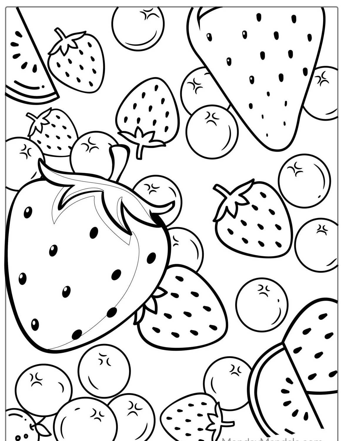 Desenho de frutas variadas como morangos e melancias para colorir